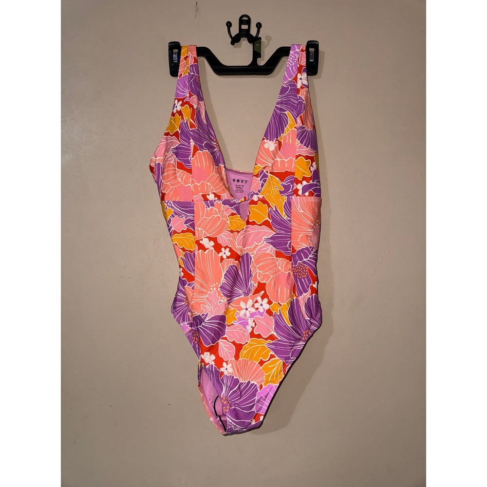 Roxy Womens Floral One Piece Swimsuit Purple Orange Retro V-Neck S NWT